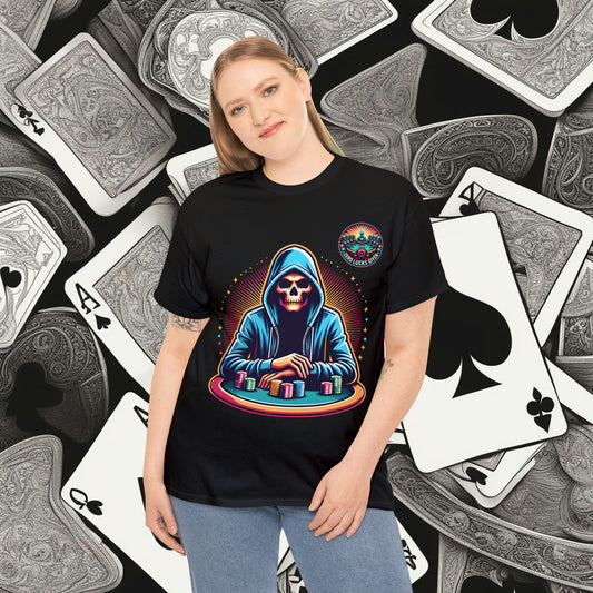 Poker Player with Skull at Poker Table 0 Lucks Given Unisex heavy cotton tee Poker Apparel