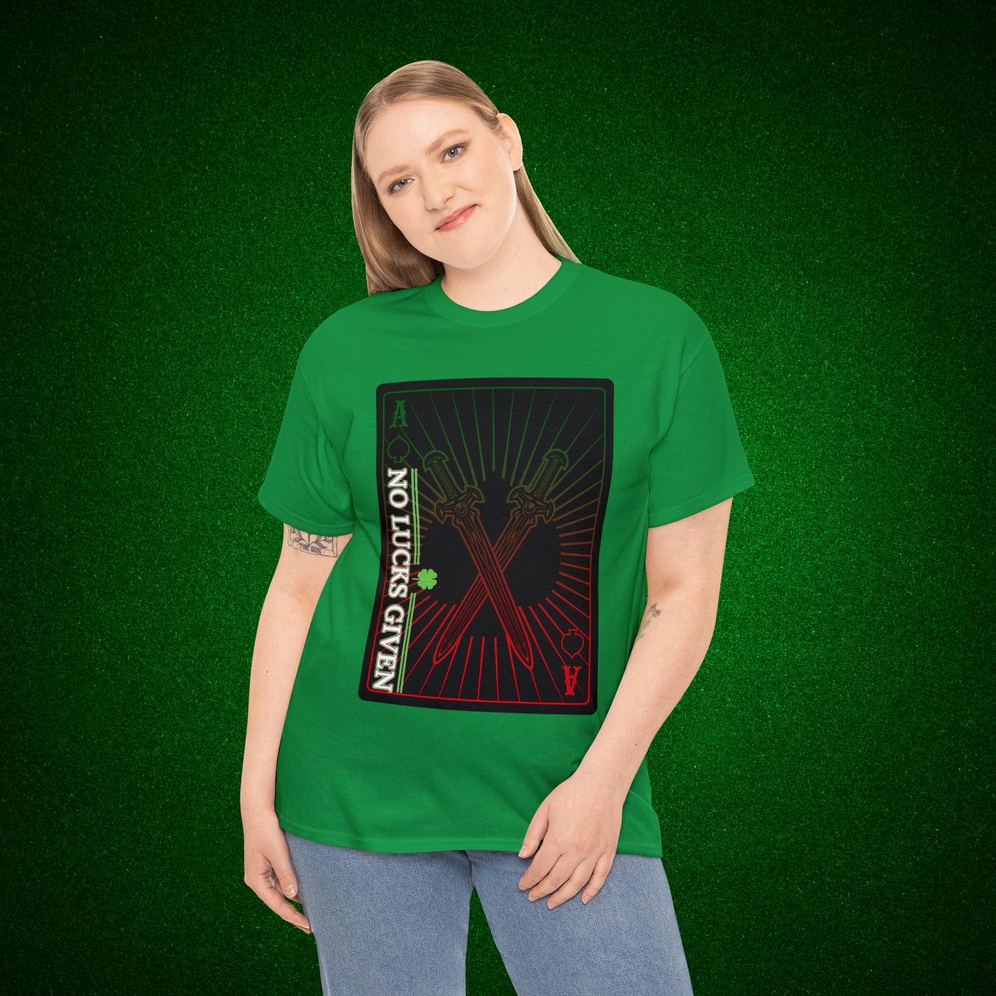 No Lucks Given Ace of Diamonds with Crossed Swords Red & Green Poker T-Shirt Must have Good Luck All-in