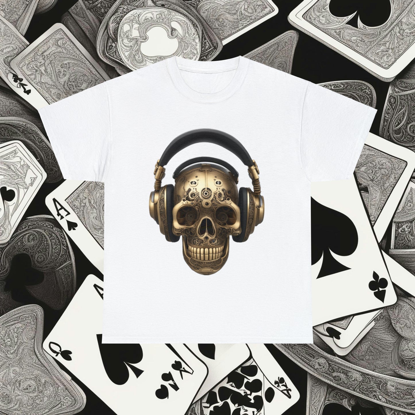 Clockwork steampunk Skull with headphones unisex heavy cotton T-shirt