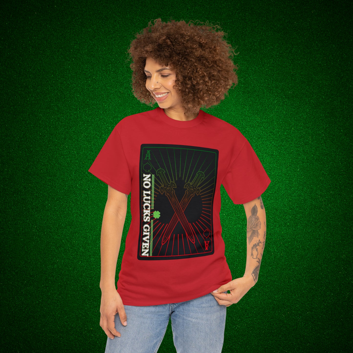 No Lucks Given Ace of Diamonds with Crossed Swords Red & Green Poker T-Shirt Must have Good Luck All-in