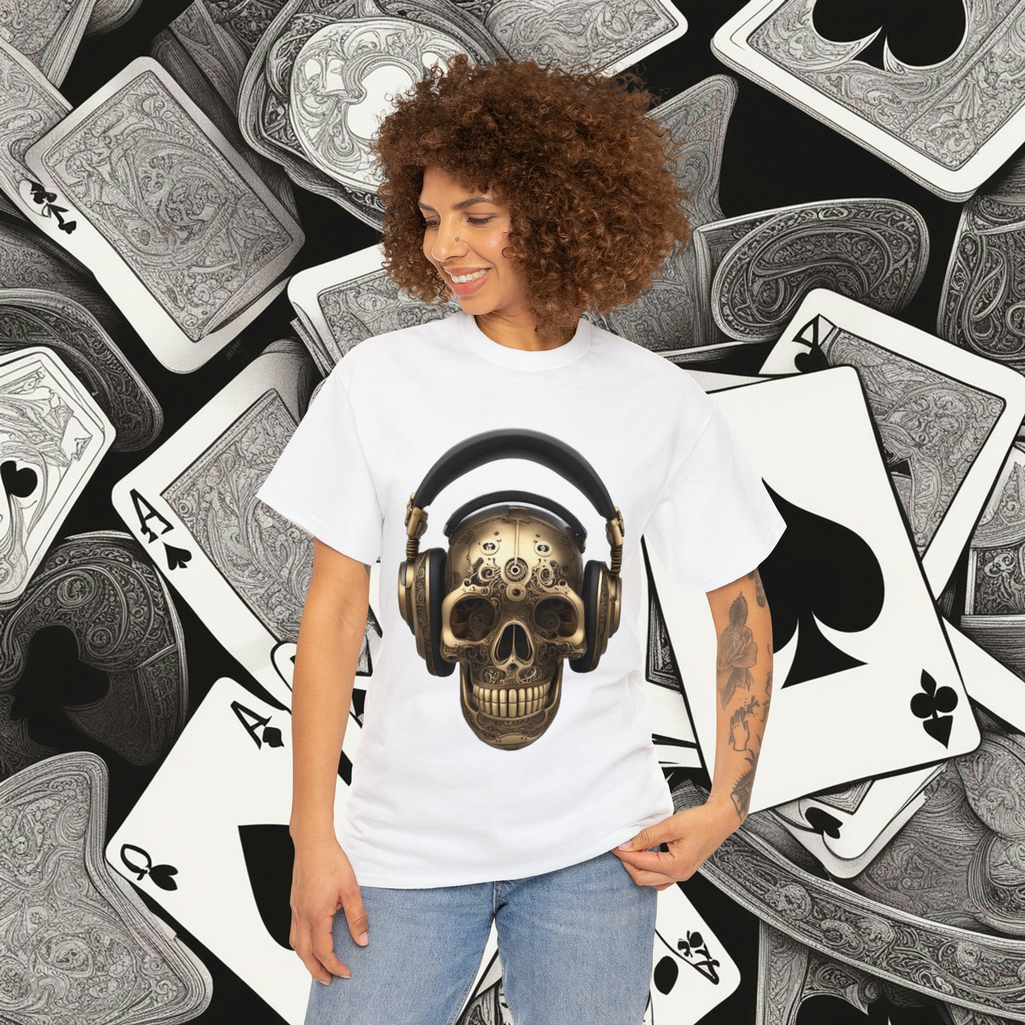 Clockwork steampunk Skull with headphones unisex heavy cotton T-shirt