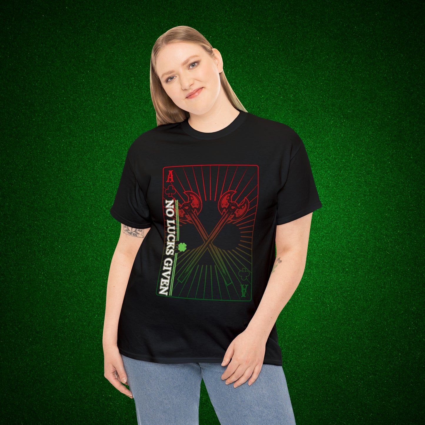 No Lucks Given Ace of Clubs card with two big axes Red Green Poker T-Shirt Must have Good Luck All-in