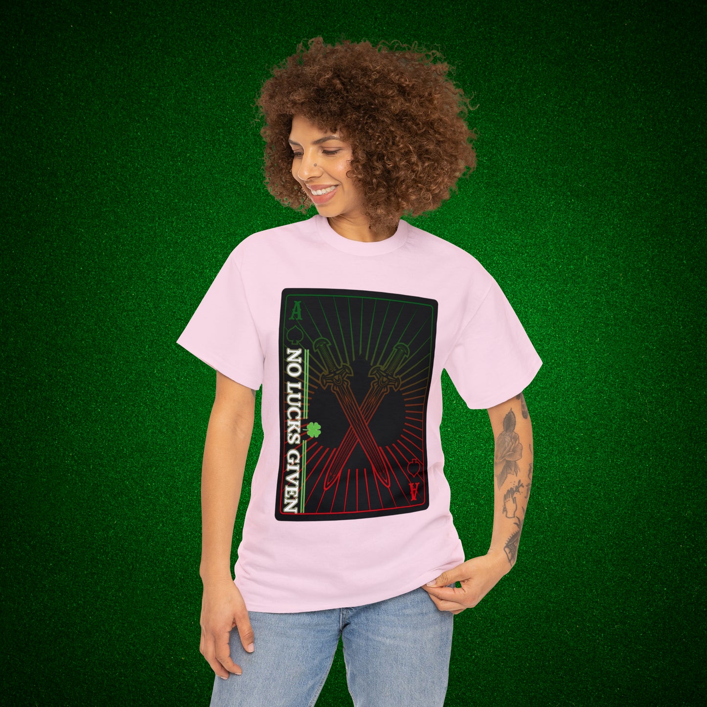 No Lucks Given Ace of Diamonds with Crossed Swords Red & Green Poker T-Shirt Must have Good Luck All-in