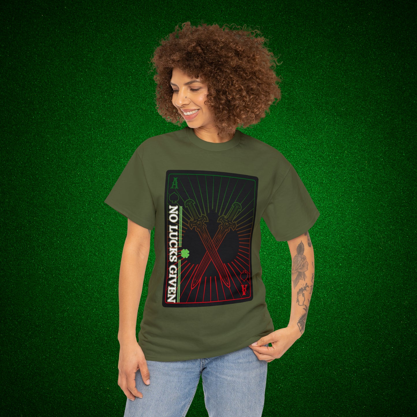 No Lucks Given Ace of Diamonds with Crossed Swords Red & Green Poker T-Shirt Must have Good Luck All-in