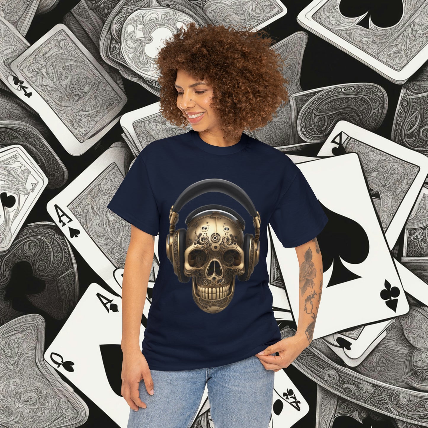 Clockwork steampunk Skull with headphones unisex heavy cotton T-shirt