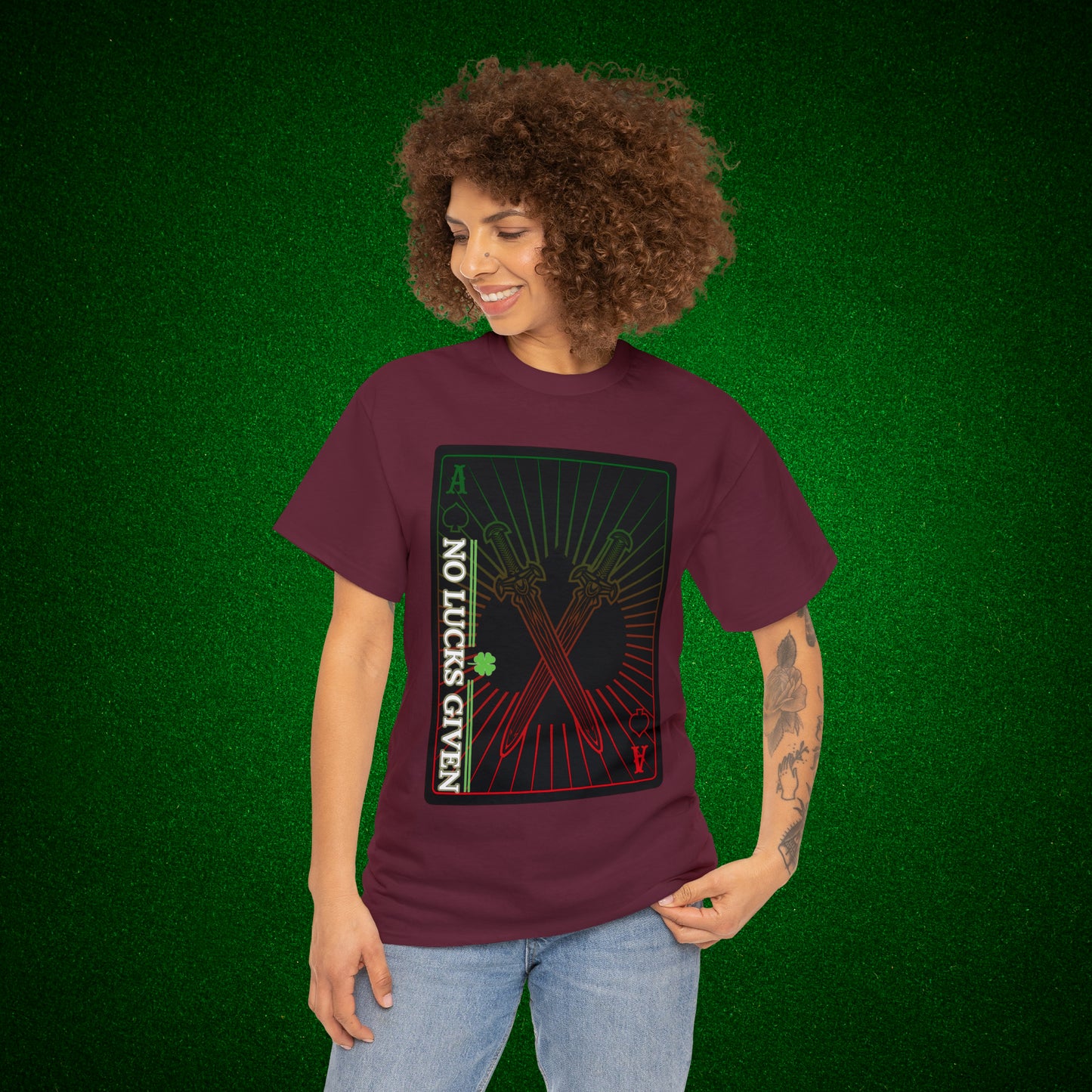 No Lucks Given Ace of Diamonds with Crossed Swords Red & Green Poker T-Shirt Must have Good Luck All-in